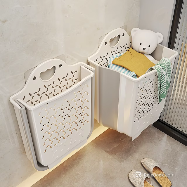 Wall Mounted White Plastic Laundry Baskets With Teddy Bear And Colorful Towels For Daily Use 3d model 