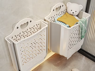 Wall Mounted White Plastic Laundry Baskets With Teddy Bear And Colorful Towels For Daily Use 3d model