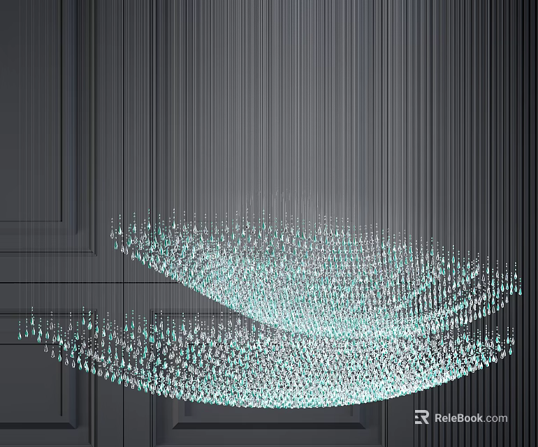 Double Layered Wave Shaped Crystal Chandelier Featuring Slender Threads Small Crystals Against Dark Walls 3d model 