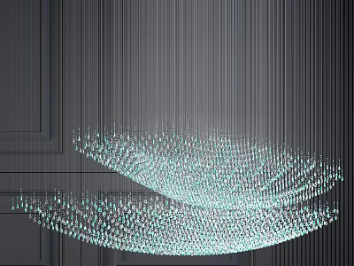Double Layered Wave Shaped Crystal Chandelier Featuring Slender Threads Small Crystals Against Dark Walls 3d model
