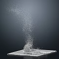 Modern Water Fountain with Square Base Upward Jet Splashing Droplets and Mist Against Dark Background