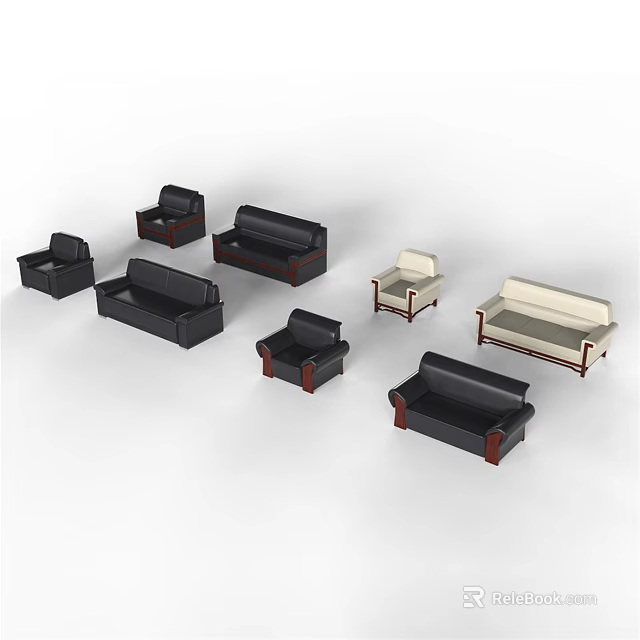 Modern Sofa Set With Multiple Styles Different Sizes Black Beige Colors And Wooden Armrests 3d model 