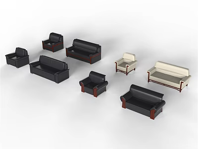 Modern Sofa Set With Multiple Styles Different Sizes Black Beige Colors And Wooden Armrests 3d model