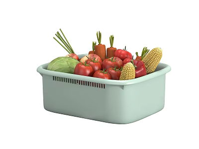 Fresh Vegetables in Light Green Basket with Cabbage Tomatoes Carrots Corn and Bell Peppers 3d model