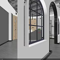 Modern Fitness Gym Space With Arch Windows Power Sign And White Platform On Grey Floor