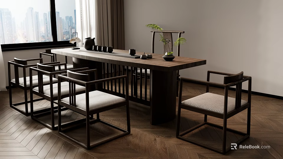 Chinese Style Wooden Tea Table and Chairs with Tea Set Potted Plant and City View 3d model 