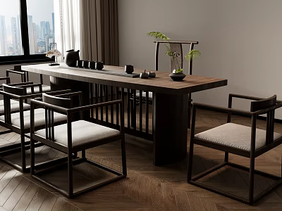 Chinese Style Wooden Tea Table and Chairs with Tea Set Potted Plant and City View 3d model