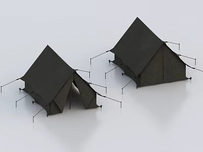 Two Black Camping Tents With Poles In Minimalist Gray Background Scene 3d model
