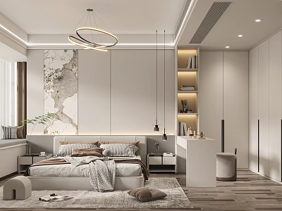 Elegant Modern White Bedroom With Large Bed Ring Chandelier Wall Art Open Shelves And Rug 3d model