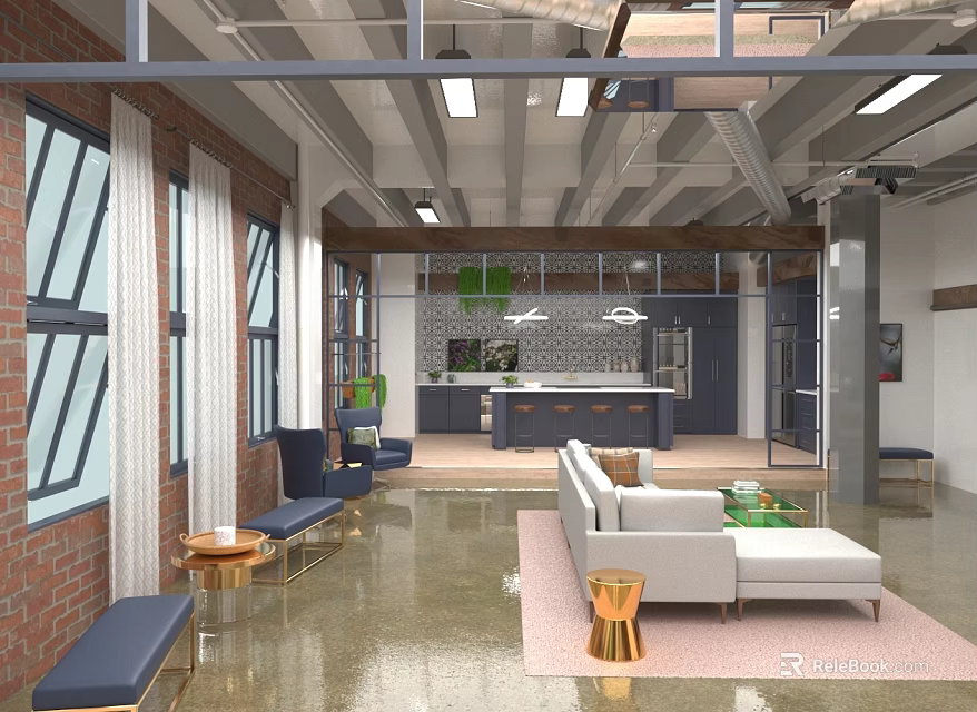 Spacious Modern Living Area With White Sofa Brick Walls And Kitchen Integration 3d model 