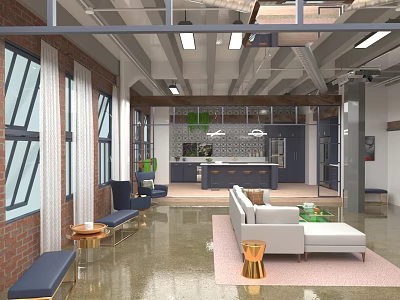 Spacious Modern Living Area With White Sofa Brick Walls And Kitchen Integration 3d model