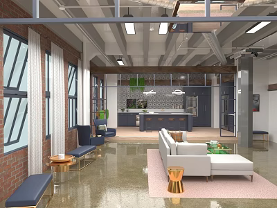 Spacious Modern Living Area With White Sofa Brick Walls And Kitchen Integration 3d model