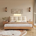 Modern Bedroom Interior With Upholstered Headboard Bed Wooden Nightstand Soft Rug And Scenic Green View