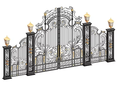Ornate Wrought Iron Gate With Decorative Patterns Pillars And Lamps 3d model