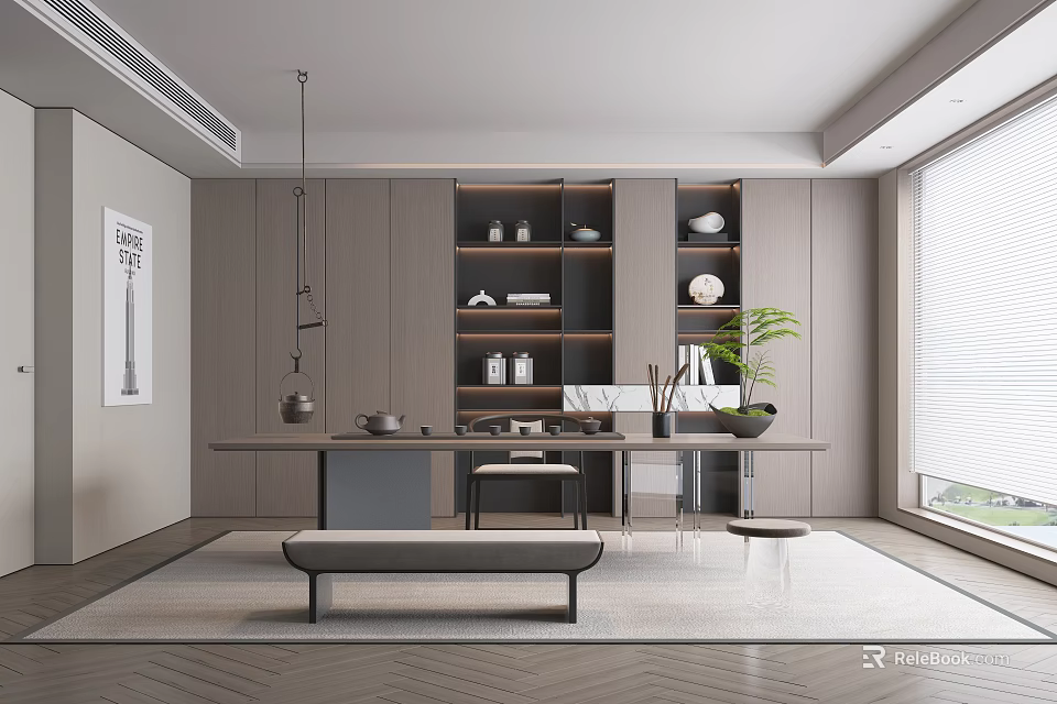 Modern Minimalist Tea Room Interior With Table Plants And Cabinets 3d model