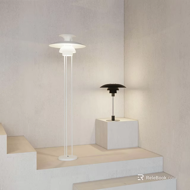 Modern Lighting Combination with White Floor Lamp and Black Table Lamp on White Pedestals 3d model 