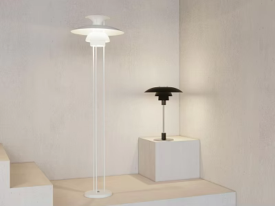 Modern Lighting Combination with White Floor Lamp and Black Table Lamp on White Pedestals 3d model
