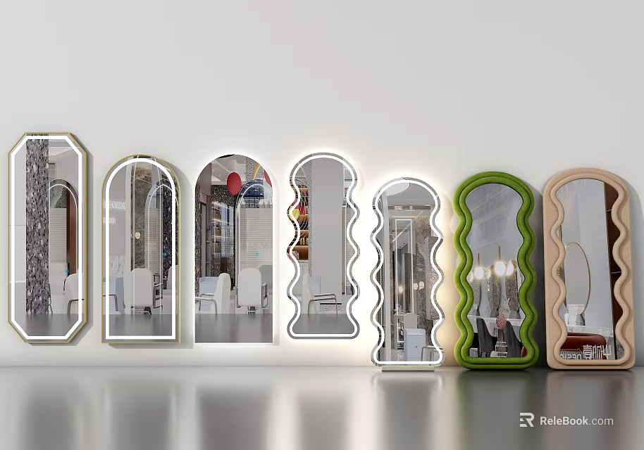 Stylish Various Shaped Mirrors in Green and Wooden Frames on White Wall Reflecting Interior 3d model 