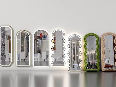 Stylish Various Shaped Mirrors in Green and Wooden Frames on White Wall Reflecting Interior 3d model
