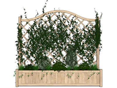 Lush Green Vines Climbing Wooden Trellis With Planter Box And Garden Foliage 3d model