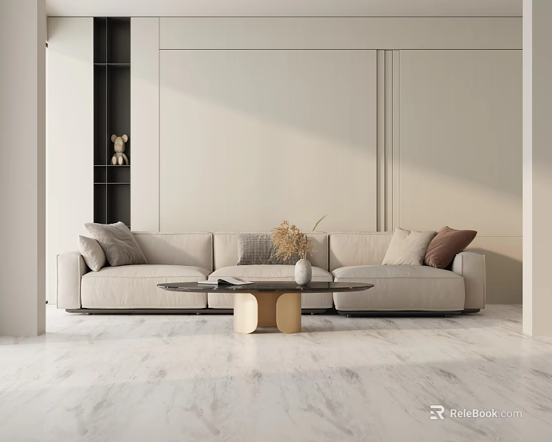 Light Beige Three-Seater Sofa In Minimalist Living Room With Throw Pillows And Round Coffee Table 3d model 