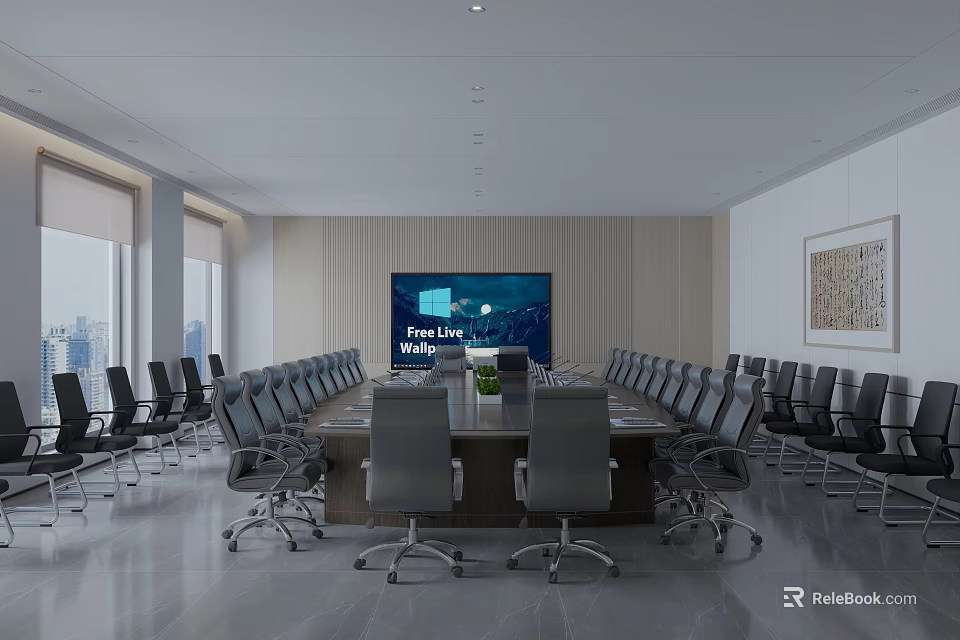 Modern Conference Room Interior With Long Table Multiple Chairs And Large Screen 3d model