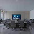 Modern Conference Room Interior With Long Table Multiple Chairs And Large Screen 3d model