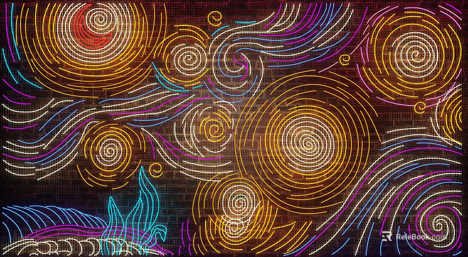 Colorful Neon Decorative Lights with Spiral Wave Patterns on Brick Wall Creating Vibrant Artistic 3d model 