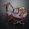 Traditional Red Wooden Table And Chair Set With Decorative Items Teacups Jars And Fruits