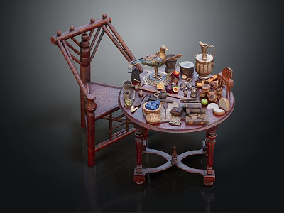 Traditional Red Wooden Table And Chair Set With Decorative Items Teacups Jars And Fruits 3d model