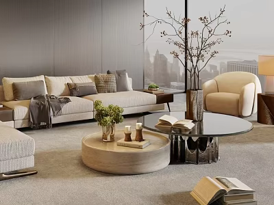 Modern Living Room Sofa and Coffee Table Set with Pillows Green Plants and Accent Chair 3d model