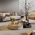 Modern Living Room Sofa and Coffee Table Set with Pillows Green Plants and Accent Chair