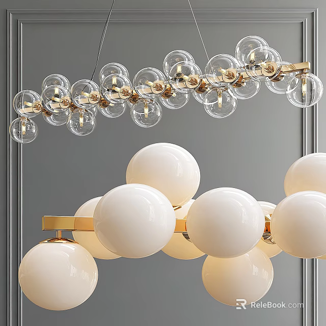 Elegant Modern Chandelier Design With Glass Globes White Spheres And Golden Frame 3d model 