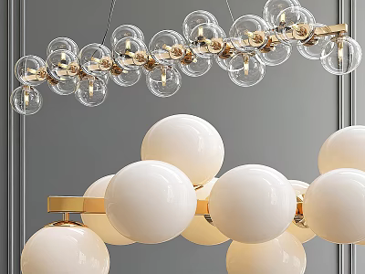 Elegant Modern Chandelier Design With Glass Globes White Spheres And Golden Frame 3d model
