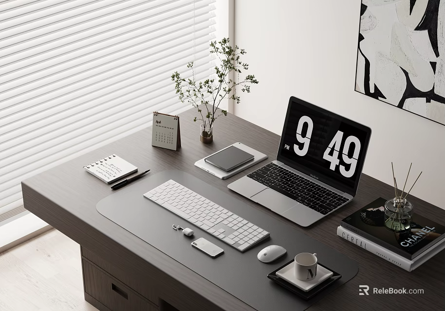 Laptop Workspace Setup On Desk With Keyboard Mouse Notebook Smartphone Plant And Mug 3d model 