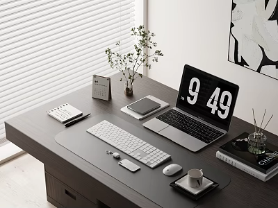 Laptop Workspace Setup On Desk With Keyboard Mouse Notebook Smartphone Plant And Mug 3d model