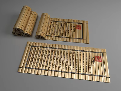 Traditional Chinese Bamboo Scrolls With Ancient Calligraphy And Red Seal Stamps 3d model