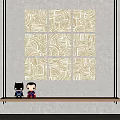 Modern Wall Art With Abstract Pattern Paintings On White Wall And Wooden Shelf With Figurines