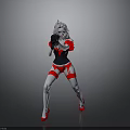 Woman in Black White Red Outfit Holding Weapon With Dynamic Strong Stance Against Gray Background