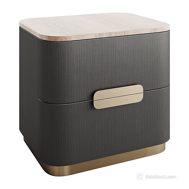 Modern Dark Gray Bedside Table With Vertical Striped Texture Light Top Gold Handle And Base 3d model 