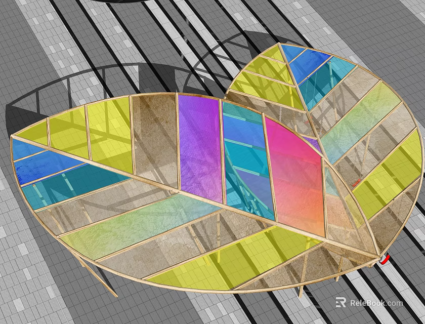 Leaf Shaped Pergola With Colorful Glass Panels And Wooden Frame On Gray Paved Floor 3d model 