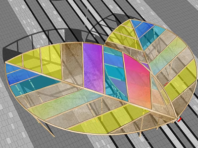 Leaf Shaped Pergola With Colorful Glass Panels And Wooden Frame On Gray Paved Floor 3d model