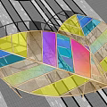 Leaf Shaped Pergola With Colorful Glass Panels And Wooden Frame On Gray Paved Floor