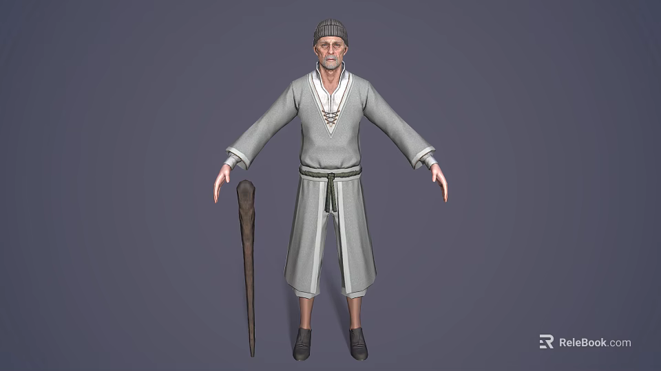 Elderly Man In Traditional Robe With Hat Belt And Wooden Walking Stick 3d model 
