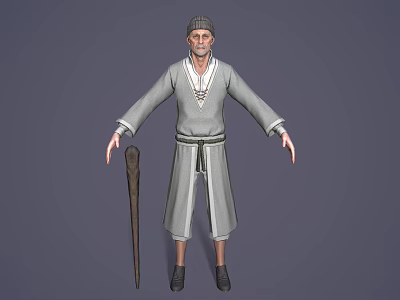 Elderly Man In Traditional Robe With Hat Belt And Wooden Walking Stick 3d model
