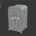 White Trash Bin With Blue Trim And Blue Bin Label Featuring Cartoon Graphic
