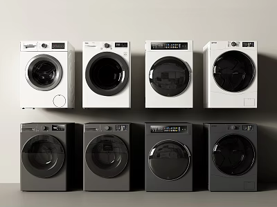 Eight Front Loading Washing Machines Arranged in Two Rows White and Gray 3d model