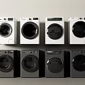 Eight Front Loading Washing Machines Arranged in Two Rows White and Gray 3d model