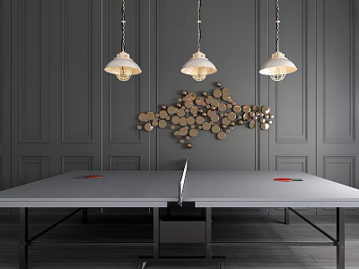 Modern Sports Equipment Ping Pong Table With Gray Wall Pendant Lights And Wooden Decor 3d model