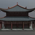 Ancient Chinese Architecture Two Story With Overhanging Eaves Dark Tiled Roof Red Pillars Stone Steps